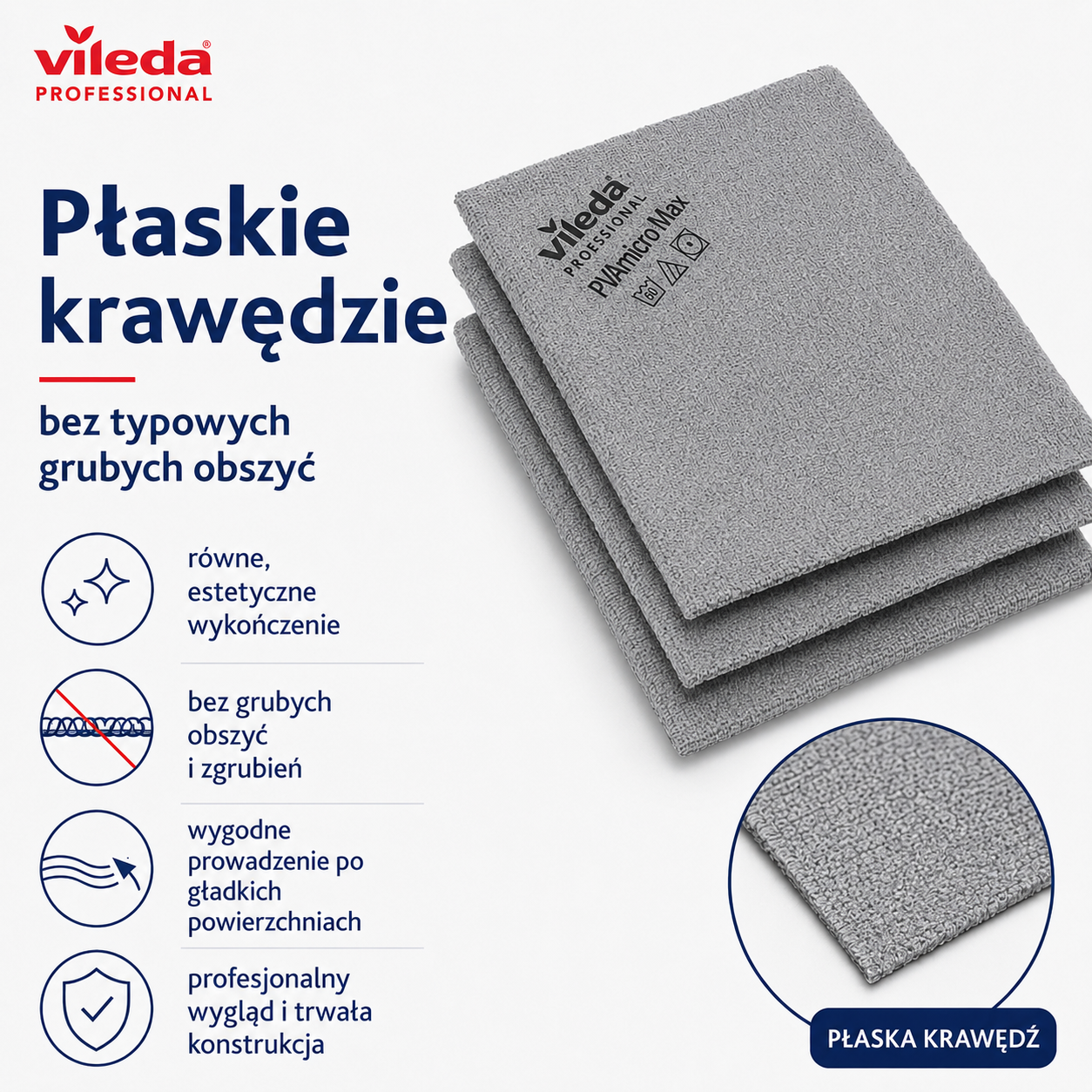Płaska krawędź ścierki Vileda Professional PVAmicro Max bez grubego obszycia